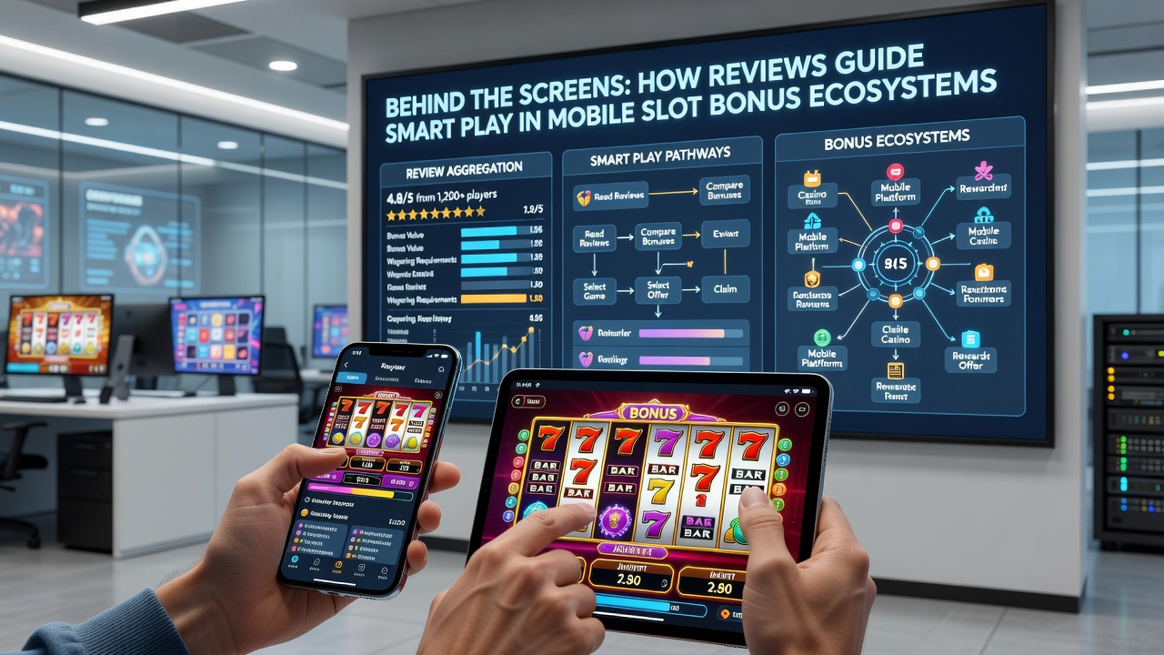 Player reviewing mobile slot bonus details and ratings while using a tablet device