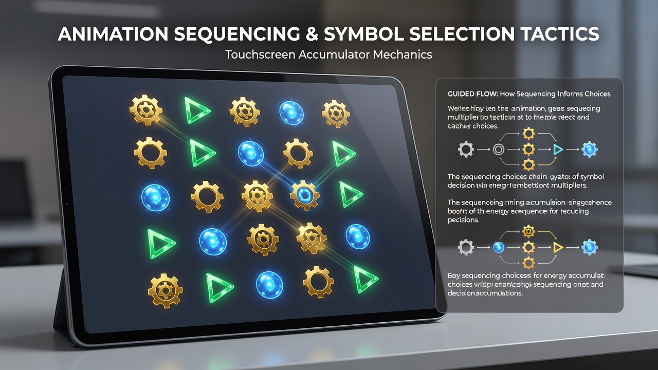 Animated sequence demonstrating timed symbol highlights guiding touch selections in an accumulator game session