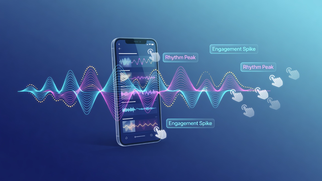 Audio waveforms and mobile reel interface showing sound layers in handheld slot games