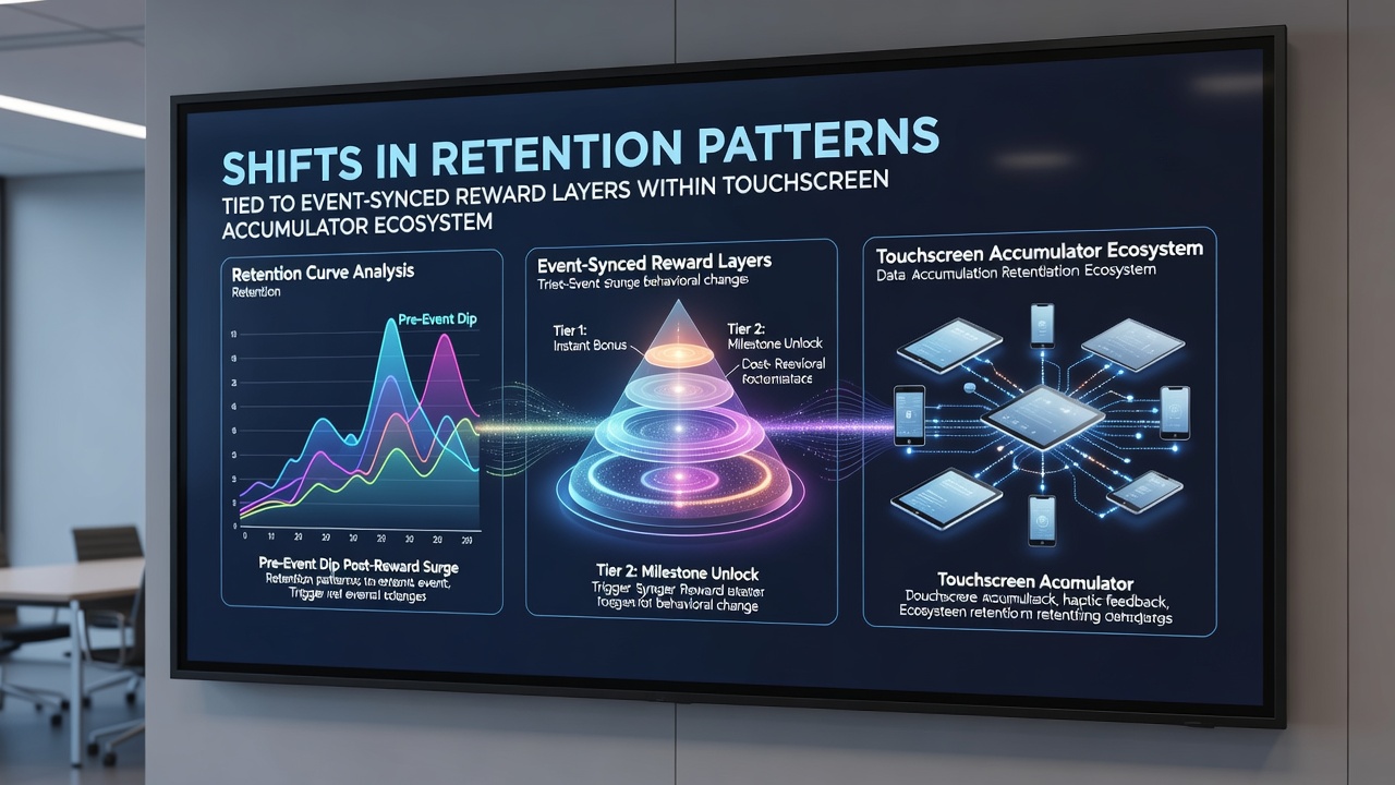 Diagram illustrating retention pattern shifts in touchscreen ecosystems with event-based reward synchronization and user engagement flows